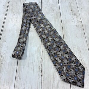 Pronto Uomo Couture Mens Silk Tie Brown Black Blue Geometric Medallion Pattern